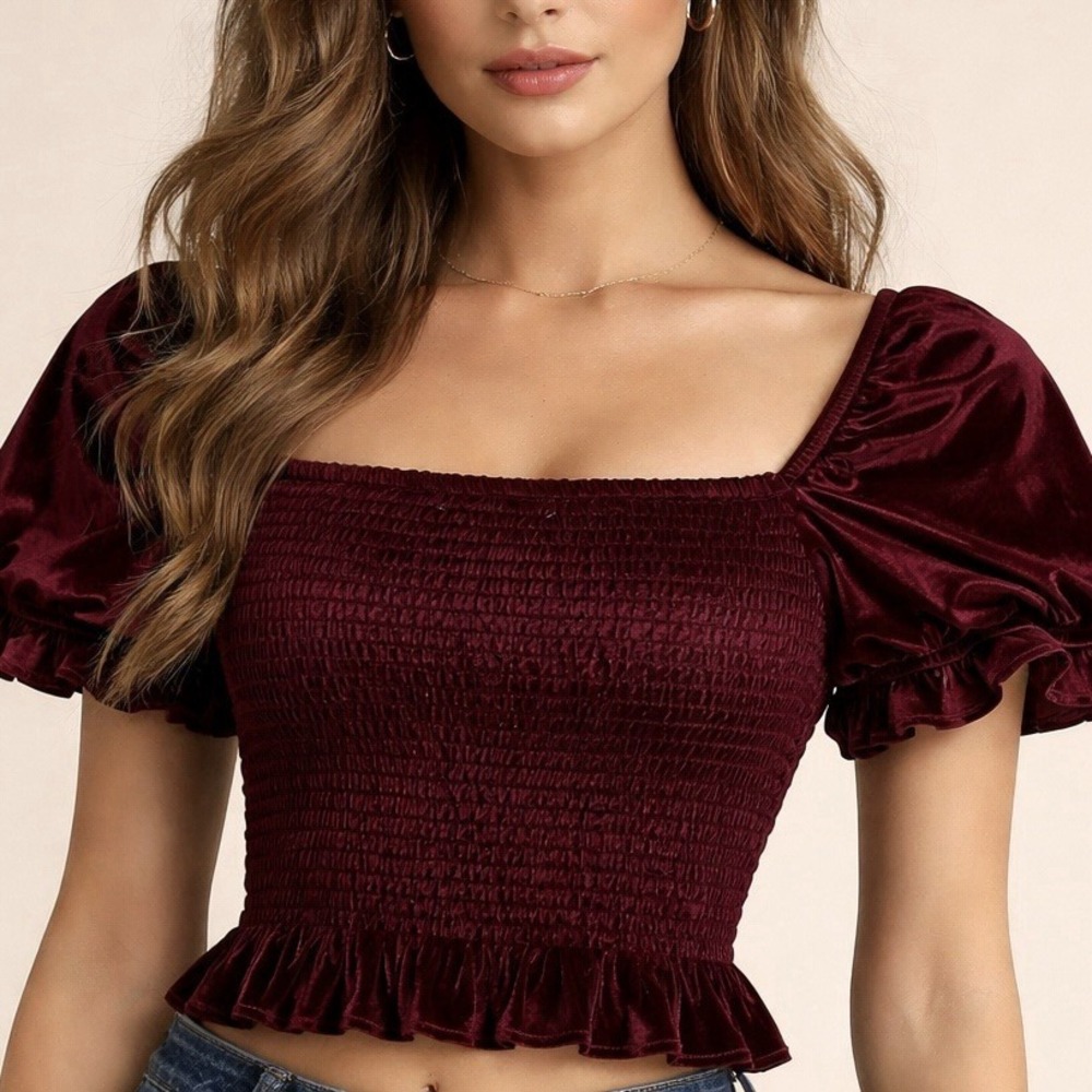Rewind Womens Velvet Smocked Square Neck Crop Blouse Burgundy S Renaissance